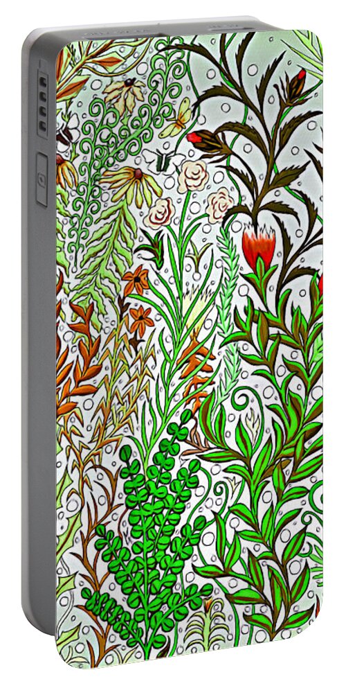 Lise Winne Portable Battery Charger featuring the digital art Jungle Garden in Greens and Browns by Lise Winne