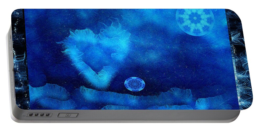 Moon Portable Battery Charger featuring the digital art Kaleidoscope Moon for Children Gone Too Soon Number 4 - Cerulean Valentine by Aberjhani
