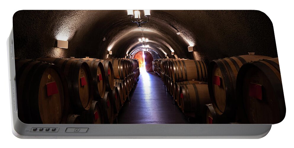 Wine Portable Battery Charger featuring the photograph Keg Cave by Steven Clark