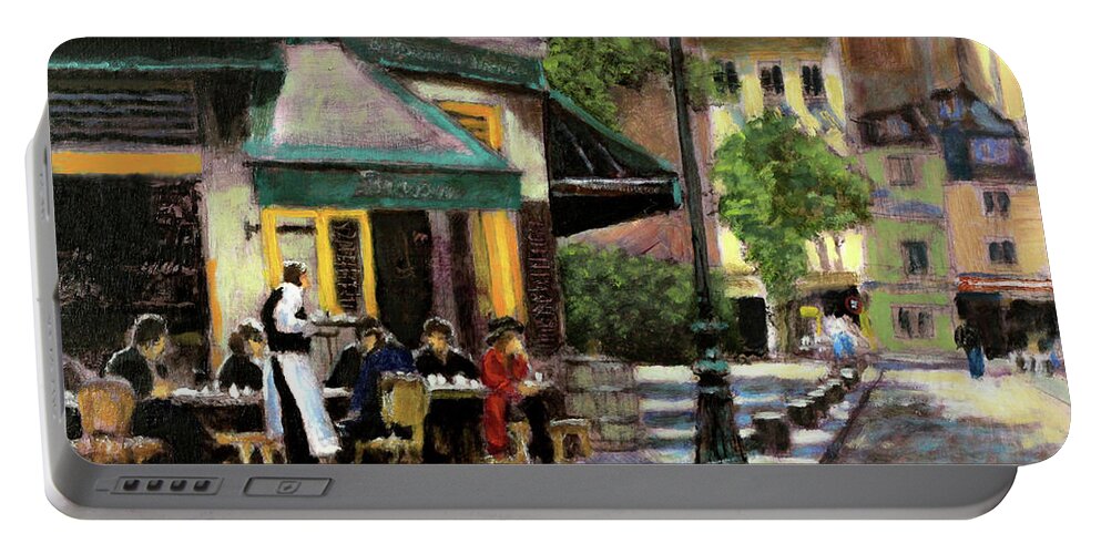 Paris Portable Battery Charger featuring the painting La Petite Brasserie by David Zimmerman
