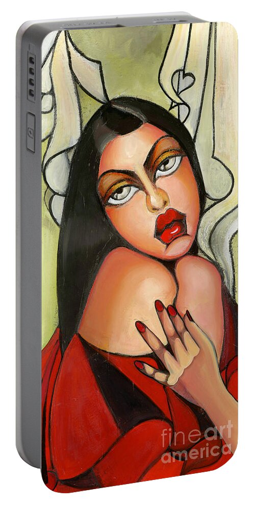 Woman Portable Battery Charger featuring the painting Lady in red black hair by Luana Sacchetti
