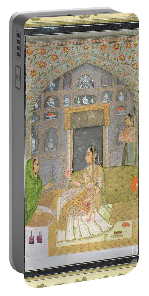 Servant Portable Battery Charger featuring the painting Lady Seated In A Pavilion With Attendants, From The Small Clive Album by Mughal School