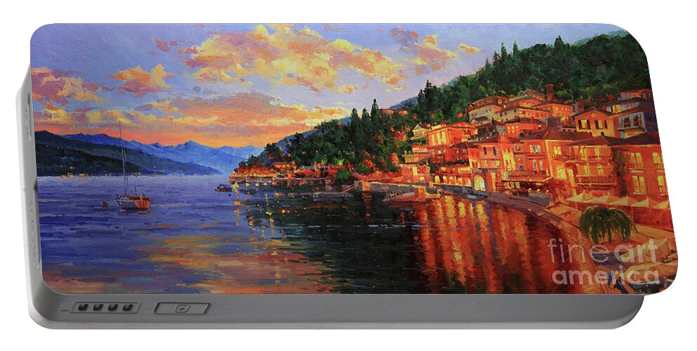 Italy Lake Como Bellagio Sunset Lake Lakecomo Sunset Dusk Sky Clouds Village Water Photographs Lake Como Original Italy Oil Painting Bellagio Sunset Lake Alps Lago Como Sky Clouds Buildings City Town Village Water Wall Art Framed Prints Old Village Paintings Landscape Cityscape Scenic Romantic Tuscany Oil Landscape Poppy Olive Village Chianti Wall Art Posters Tuscany Old Village Paintings Landscape Cityscape Scenic Romantic Europe European Artist Gary Kim Canvas Original Oil Painting Art Portable Battery Charger featuring the painting Lake Como Sunset by Gary Kim