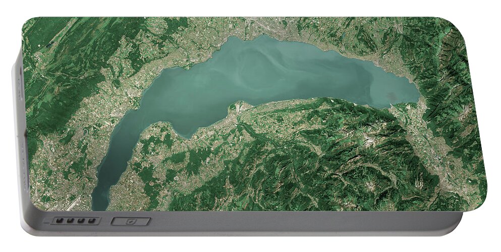 Geneva Portable Battery Charger featuring the digital art Lake Geneva 3D Render Aerial Top View Jun 2019 by Frank Ramspott