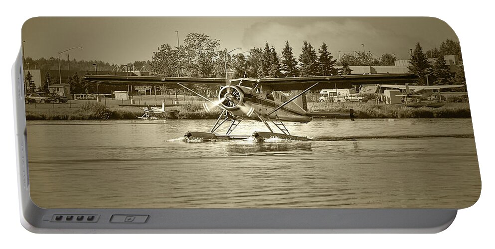 Anchorage Portable Battery Charger featuring the photograph Lake Hood Landing in Sepia by Dyle Warren