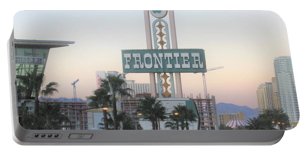 Las Vegas Portable Battery Charger featuring the photograph Las Vegas Frontier Hotel Sunset View Casino Buildings Hotels Street Cars Scene Las Vegas Blvd 2008 by John Shiron