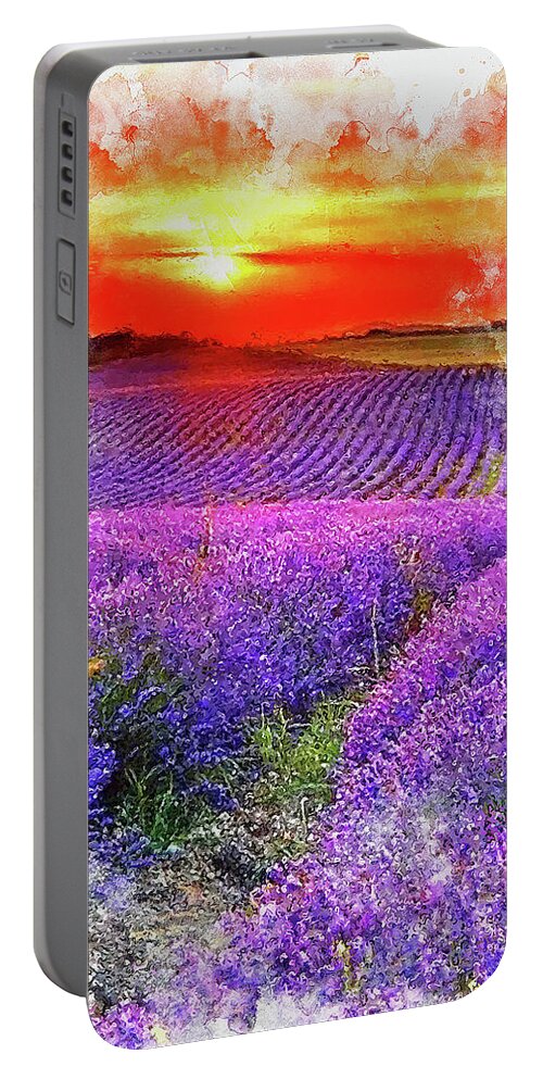 Lavender Portable Battery Charger featuring the painting Lavender fields - 11 by AM FineArtPrints
