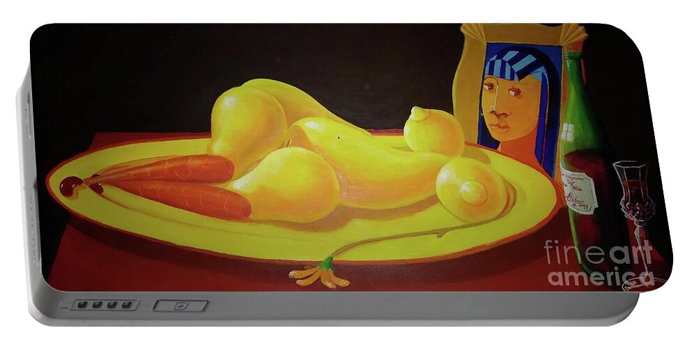 Visual Pun; Double Imagery; Alternative Reality; Optical Illusion; David G Wilson; Portable Battery Charger featuring the painting Le Dejeuner Sur Le Plat d Or by David G Wilson