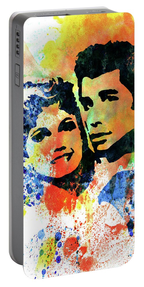 Grease Portable Battery Charger featuring the mixed media Legendary Grease Watercolor by Naxart Studio
