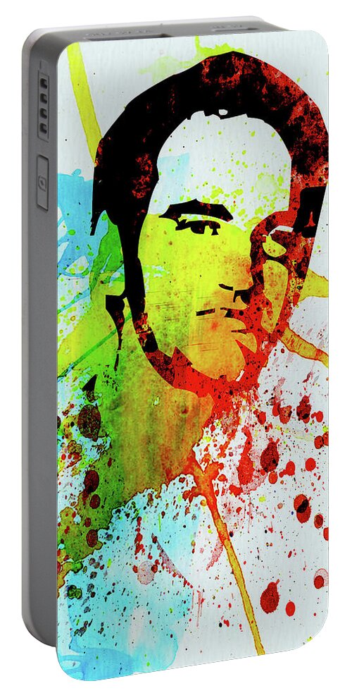 Quentin Tarantino Portable Battery Charger featuring the mixed media Legendary Quentin Watercolor I by Naxart Studio