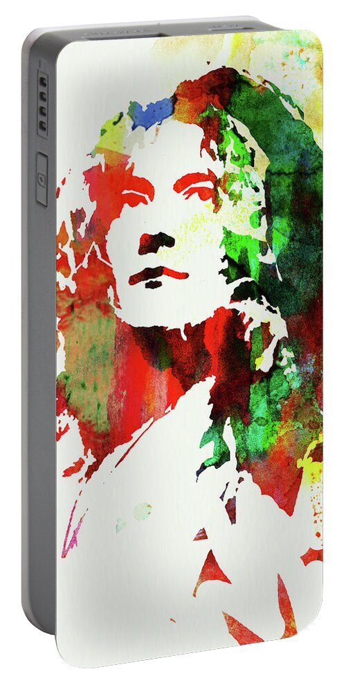 Robert Plant Portable Battery Charger featuring the mixed media Legendary Robert Plant Watercolor by Naxart Studio