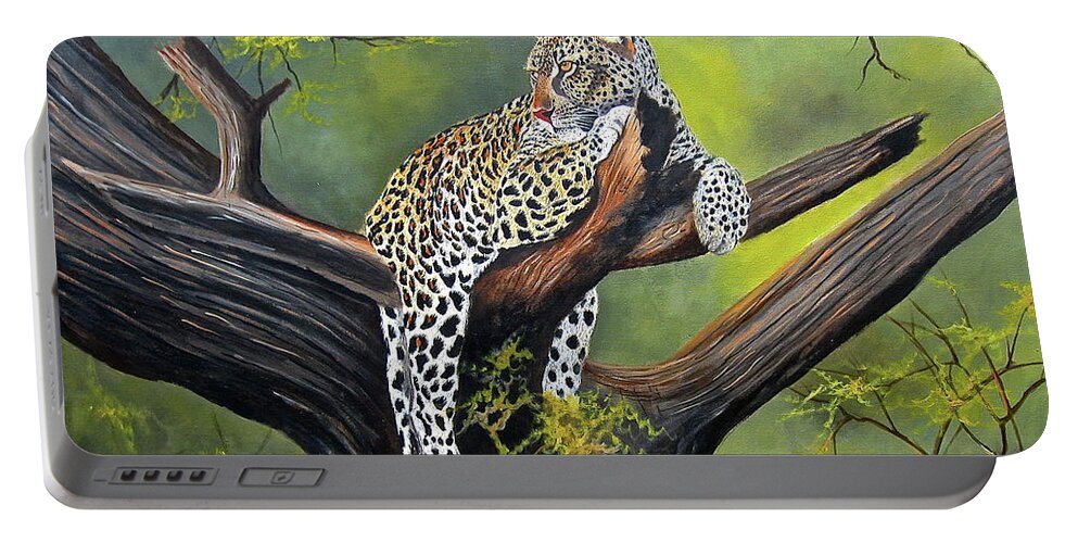 Africa Portable Battery Charger featuring the painting Leopard in a Tree by Wycliffe Ndwiga