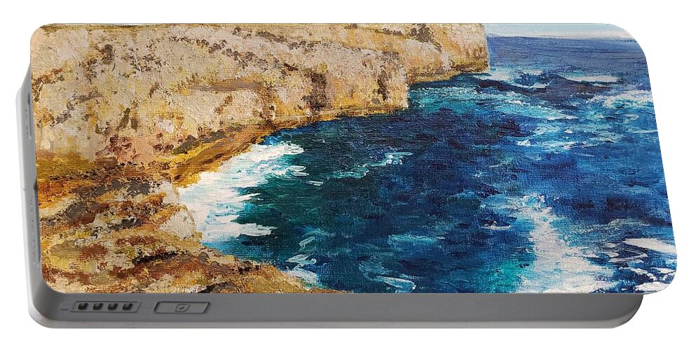 Blue Portable Battery Charger featuring the painting Les Falaises du Portugal by C E Dill