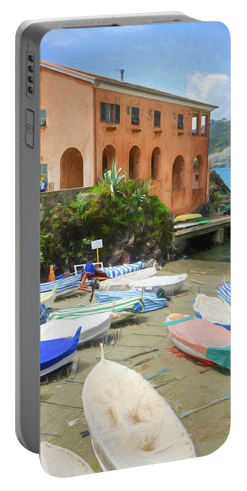 Joan Carroll Portable Battery Charger featuring the photograph Levanto Boats Cinque Terre Italy Painterly by Joan Carroll