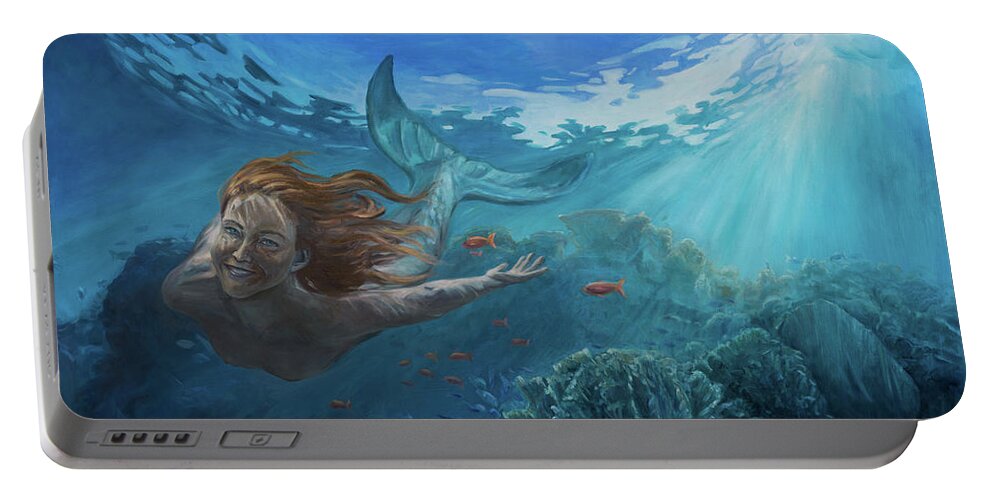 Mermaid Portable Battery Charger featuring the painting Life in the ocean by Marco Busoni