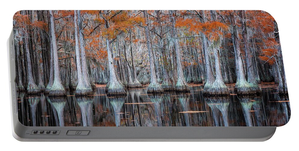 Abstract Portable Battery Charger featuring the photograph Line of Cypress by Alex Mironyuk