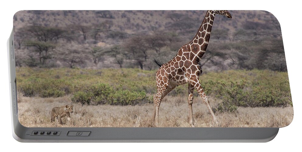 Africa Portable Battery Charger featuring the photograph Lion-hunt-giraffe-Samburu-2-5796 by Steve Somerville