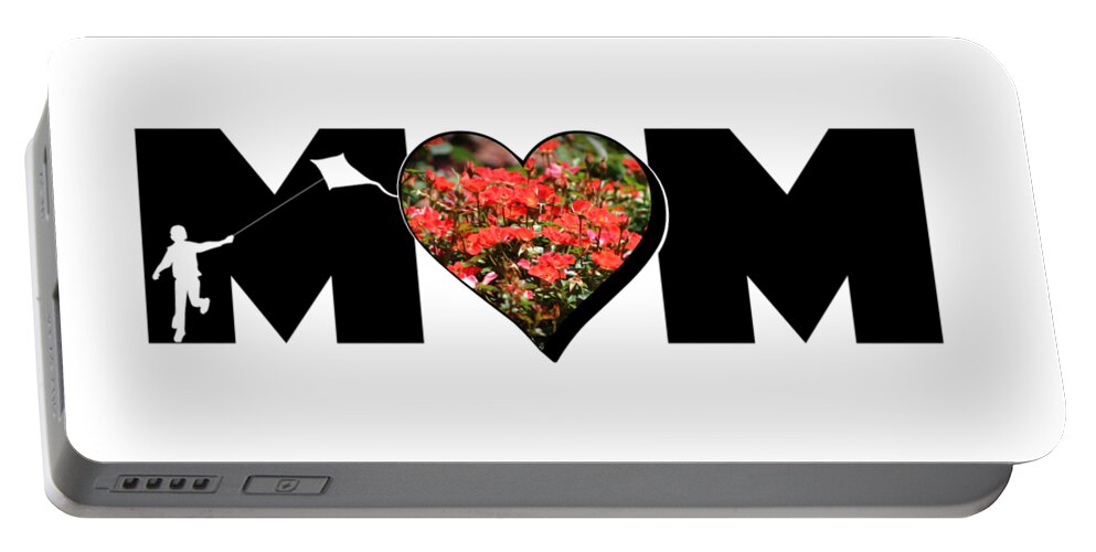 Mom Portable Battery Charger featuring the photograph Little Boy Silhouette in Mom Big Letter with Cluster of Red Roses in Heart by Colleen Cornelius