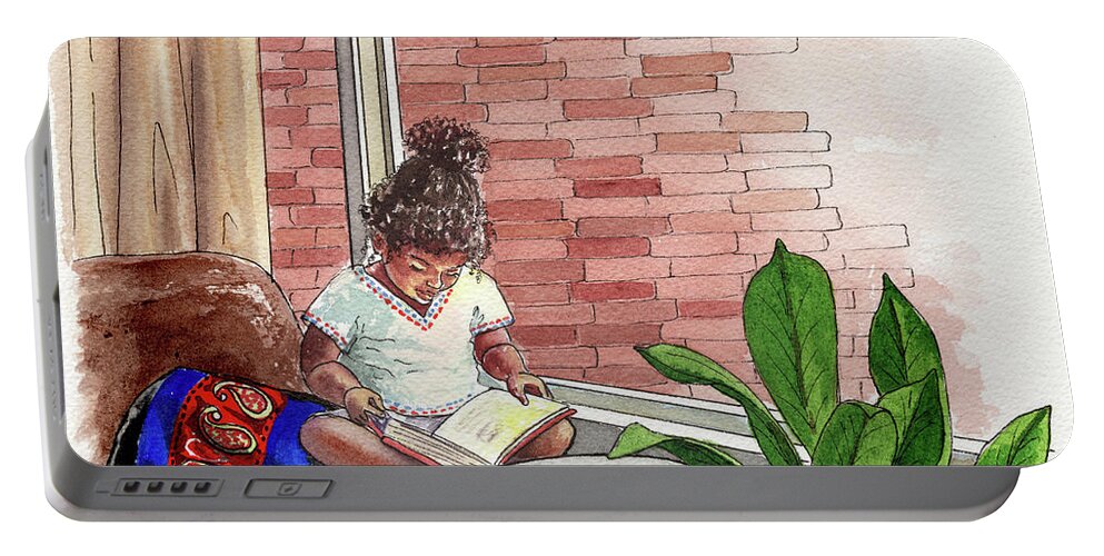 Girl Portable Battery Charger featuring the painting Little Ethiopian Girl Reads A Book Watercolor by Irina Sztukowski