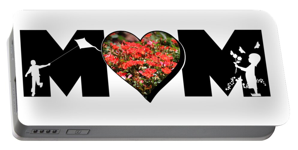 Mom Portable Battery Charger featuring the photograph Little Girl and Boy Silhouette in Mom Big Letter with Cluster of Red Roses in Heart by Colleen Cornelius