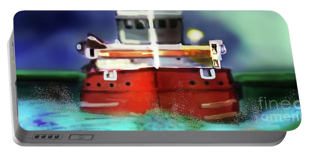 Ship Portable Battery Charger featuring the digital art Little Red Ship by Julie Grimshaw
