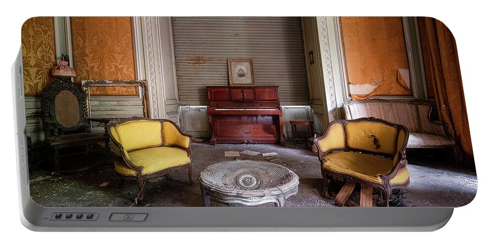 Urban Portable Battery Charger featuring the photograph Living Room in Decay with Piano by Roman Robroek