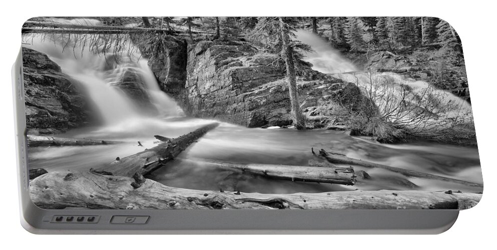 Twin Falls Portable Battery Charger featuring the photograph Logs Below Twin Falls Black And White by Adam Jewell