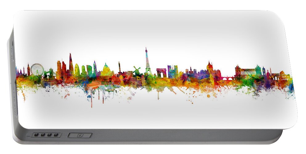 Rome Portable Battery Charger featuring the digital art London, Paris and Rome Skylines by Michael Tompsett