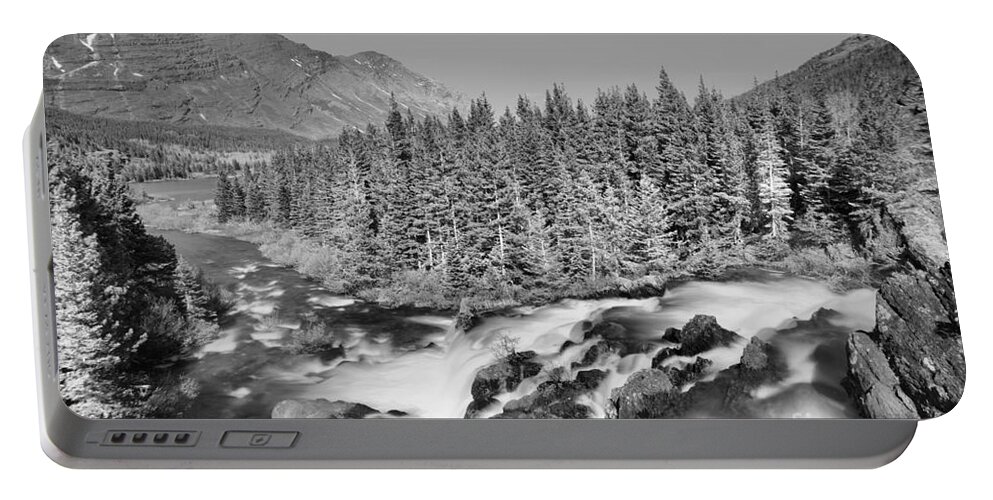 Red Rock Falls Portable Battery Charger featuring the photograph Looking Down Glacier Red Rock Falls Black And White by Adam Jewell
