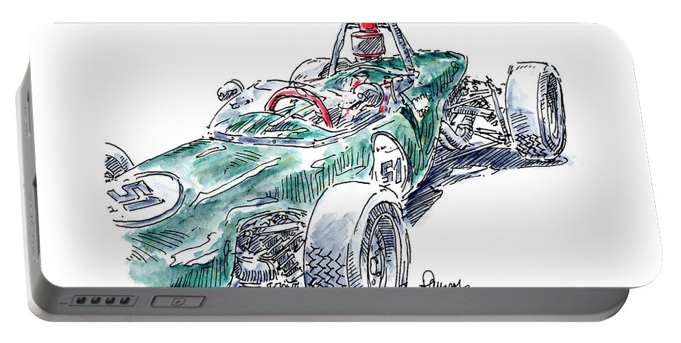 Formula Ford Portable Battery Charger featuring the drawing Lotus 51 Formula Ford Racecar Ink Drawing and Watercolor by Frank Ramspott