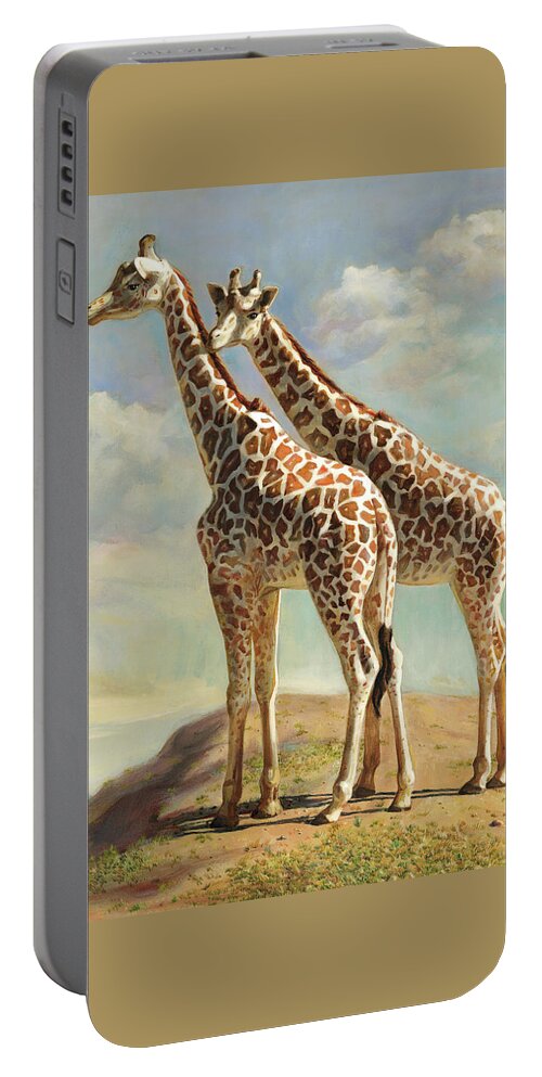 Giraffe Portable Battery Charger featuring the painting Love Among Giraffes by Svitozar Nenyuk