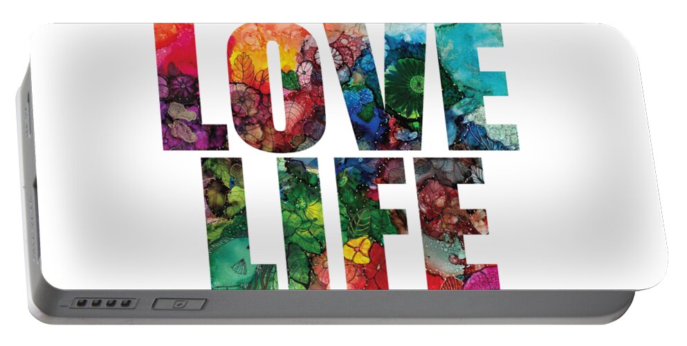 Word Art Portable Battery Charger featuring the digital art Love Life Word Art Sunrise Explosion by Conni Schaftenaar