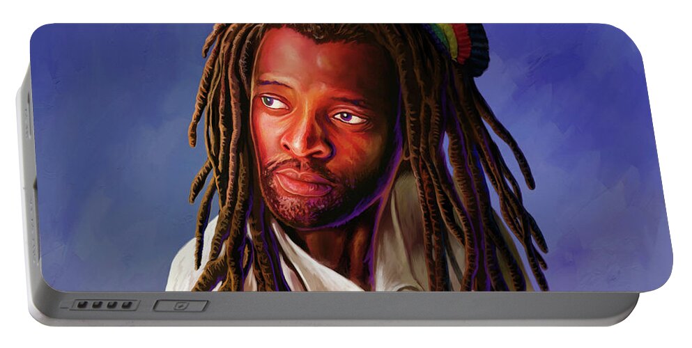 Reggae Portable Battery Charger featuring the painting Lucky Dube by Anthony Mwangi