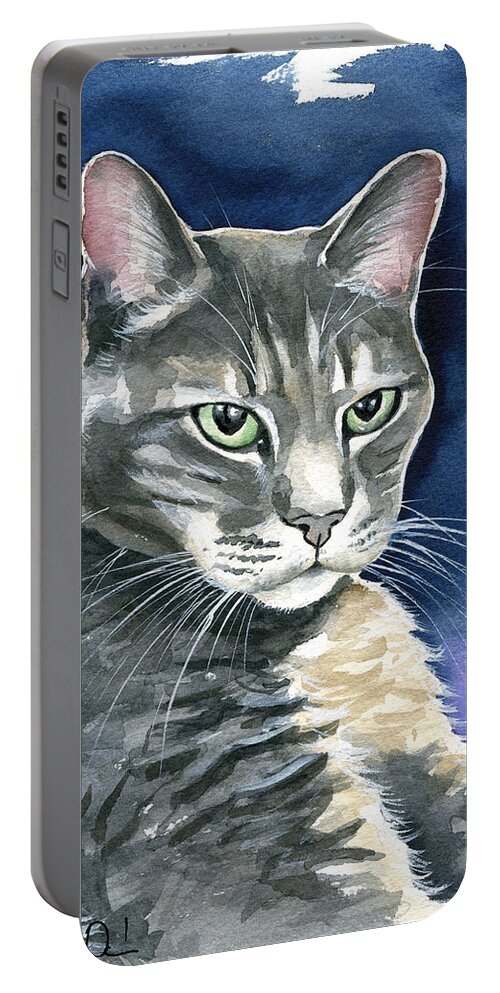 Lucky Portable Battery Charger featuring the painting Lucky Gray Cat Painting by Dora Hathazi Mendes