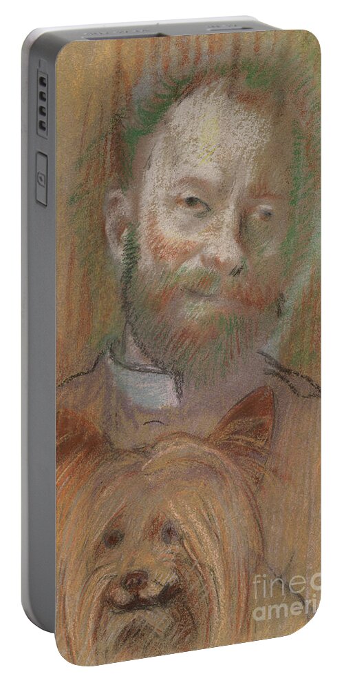 Edgar Degas Portable Battery Charger featuring the pastel Ludovic Lepic Holding His Dog, 1889 by Edgar Degas
