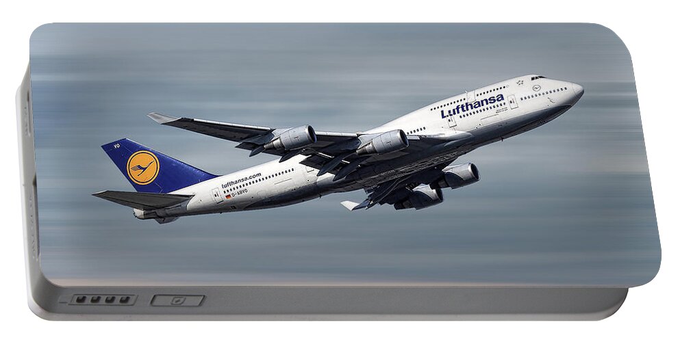 Lufthansa Portable Battery Charger featuring the mixed media Lufthansa Boeing 747-430 by Smart Aviation