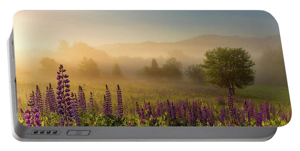Amazing New England Artworks Portable Battery Charger featuring the photograph Lupine In The Fog, Sugar Hill, NH by Jeff Sinon
