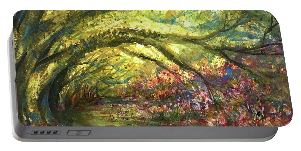 Impressionistic Floral Landscape Louisiana Watercolor Abstract Impressionism Water Bayou Lake Verret Blue Set Design Iris Abstract Painting Abstract Landscape Purple Trees Fishing Painting Bayou Scene Cypress Trees Swamp Bloom Elegant Flower Watercolor Coastal Bird Water Bird Interior Design Imaginative Landscape Oak Tree Louisiana Abstract Impressionism Set Design Fort Worth Texas Portable Battery Charger featuring the painting LusciousPath by Francelle Theriot