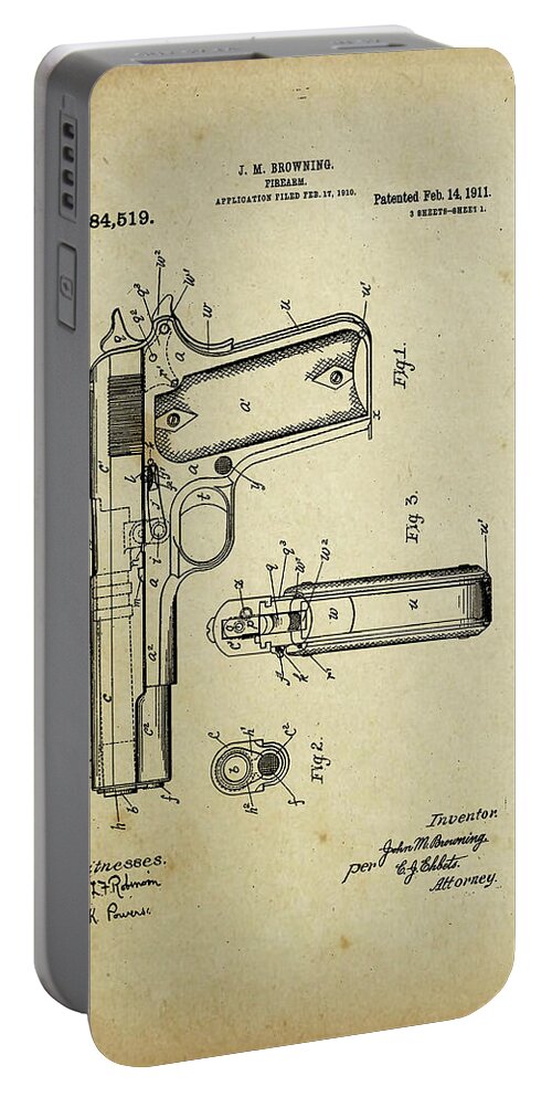 Firearm Portable Battery Charger featuring the digital art M1911 Browning Pistol Patent by Pheasant Run Gallery