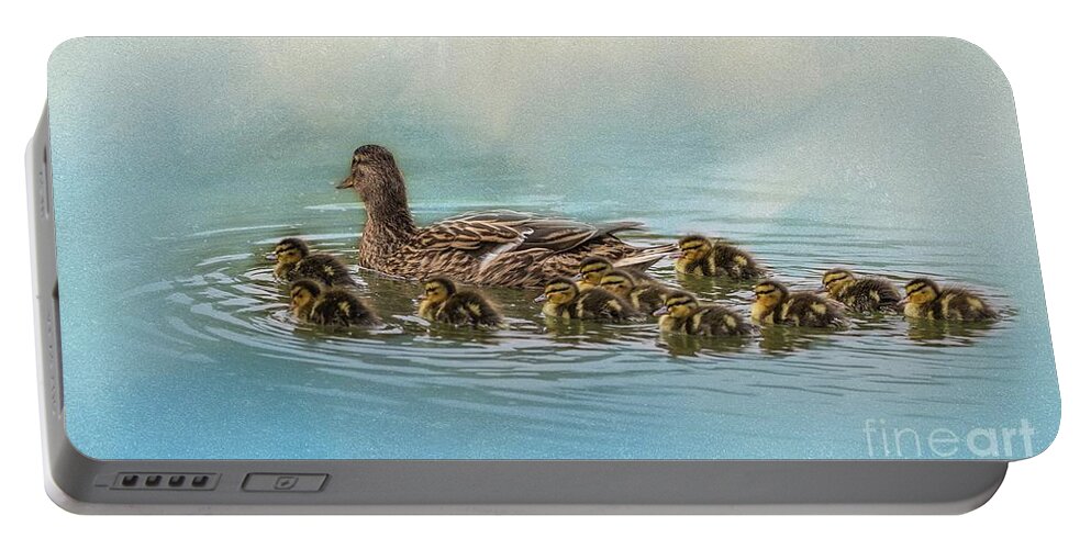 Mallard Portable Battery Charger featuring the photograph Mallard Mom with 11 babies by Eva Lechner