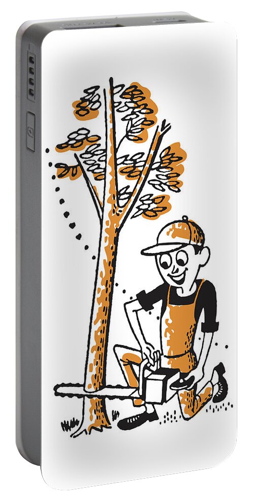 Adult Portable Battery Charger featuring the drawing Man Sawing Down a Tree by CSA Images