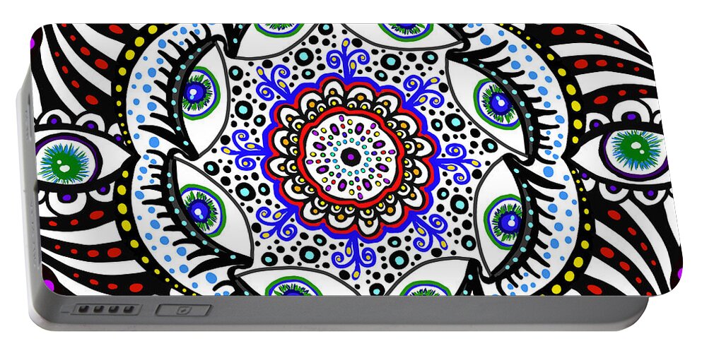 Mandala Portable Battery Charger featuring the drawing Mandala Eyes by Patricia Piotrak