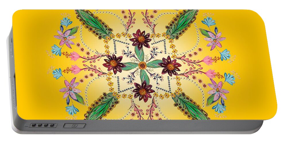 Mandala Portable Battery Charger featuring the digital art Mandala flowering series #1. Yellow by Elena Kotliarker