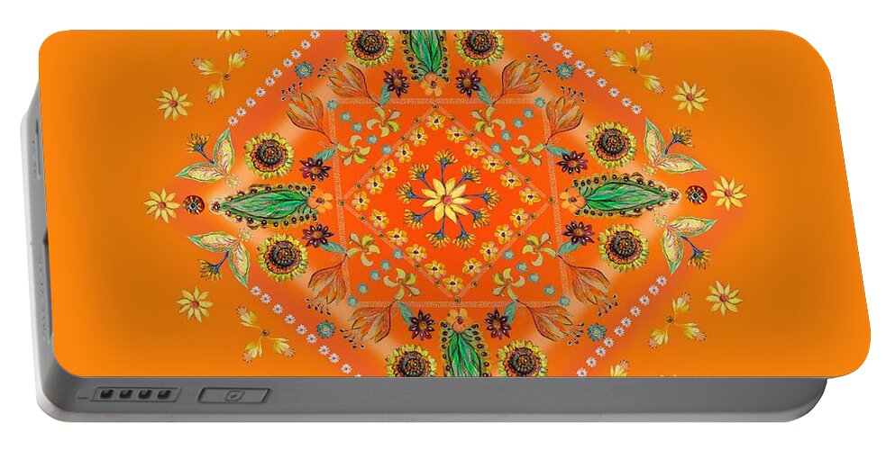Mandala Portable Battery Charger featuring the digital art Mandala flowering series#2. Orange by Elena Kotliarker