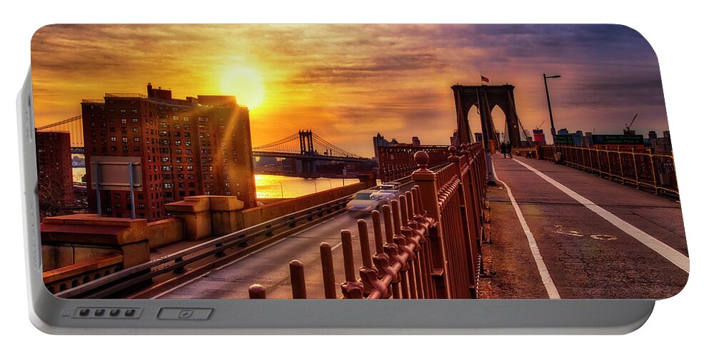 Brooklyn Bridge Portable Battery Charger featuring the photograph Manhattan and Brooklyn Bridge NYC Sunrise by Susan Candelario