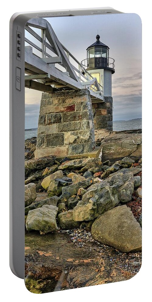 Vertical Image Portable Battery Charger featuring the photograph Marshall Point Light from the rocks by Kyle Lee