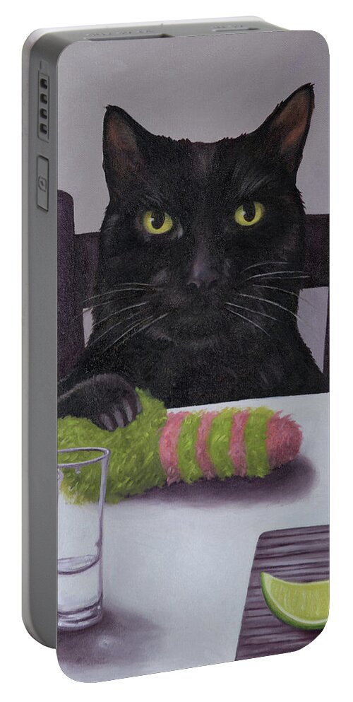 Cat Portable Battery Charger featuring the painting Marshall's Play Time by Leah Saulnier The Painting Maniac