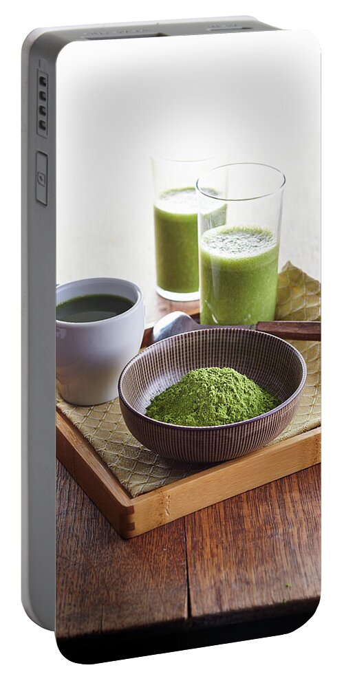 Cusine At Home Portable Battery Charger featuring the photograph Matcha powder and drinks by Cuisine at Home