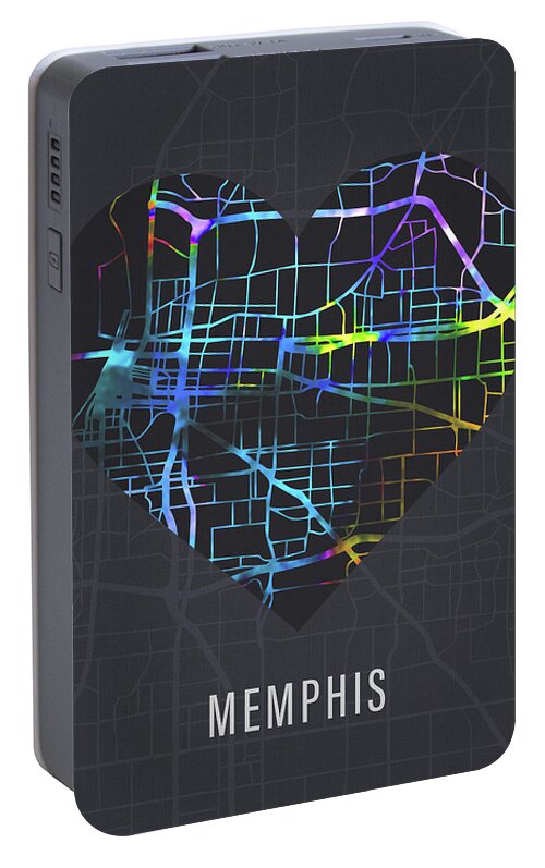 Memphis Portable Battery Charger featuring the mixed media Memphis Tennessee City Heart Street Map Dark Mode Series by Design Turnpike