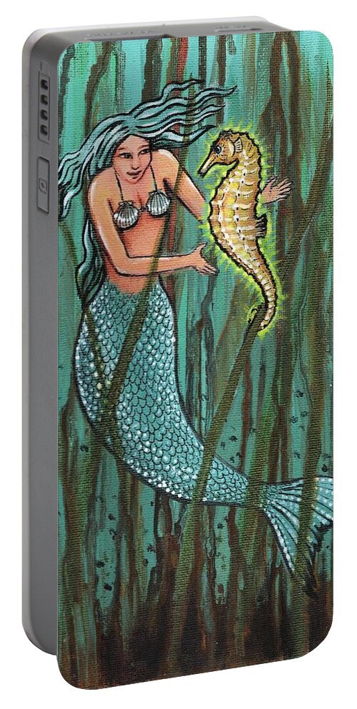Mermaids Portable Battery Charger featuring the painting Mermaid and the Magic Seahorse by James RODERICK